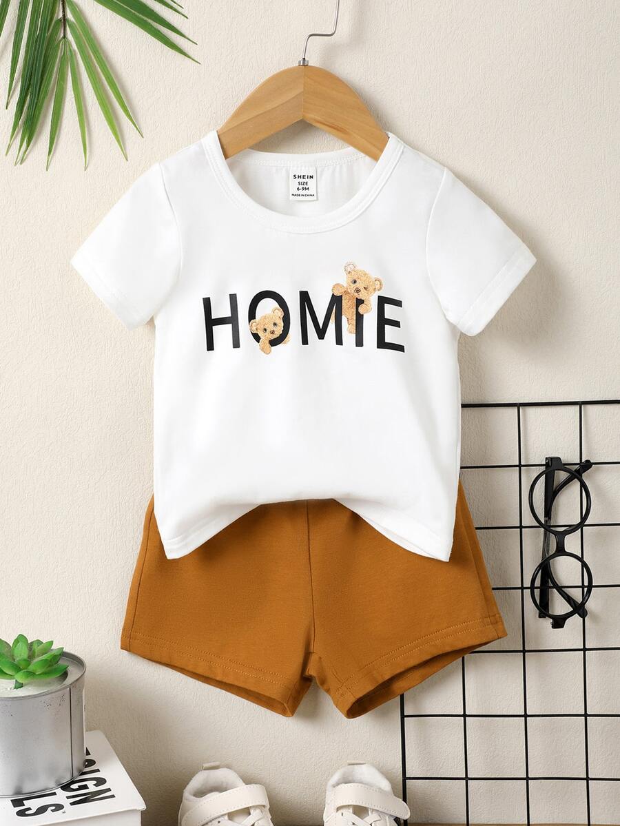 男嬰熊和字母圖案T恤和短褲 - 彩色 - 查看 1