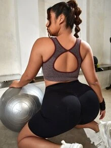 Plus Contrast Binding Cut Out Backless Sports Bra - Mauve Purple - View 4