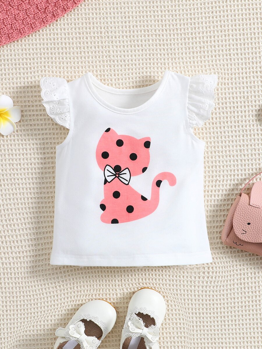 Baby Girl Cartoon Graphic Ruffle Trim Tee - White - View 1