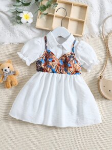 Bebé Vestido 2 en 1 con estampado de oso de manga farol - Blanco - Ver 1