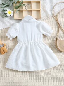 Bebé Vestido 2 en 1 con estampado de oso de manga farol - Blanco - Ver 2