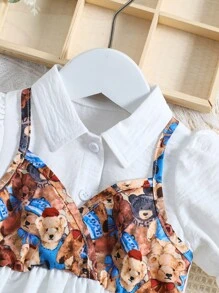 Bebé Vestido 2 en 1 con estampado de oso de manga farol - Blanco - Ver 3