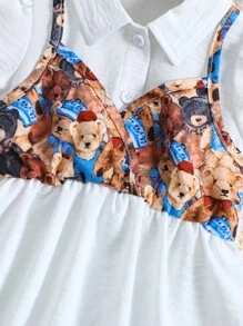 Bebé Vestido 2 en 1 con estampado de oso de manga farol - Blanco - Ver 4