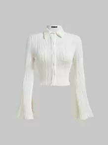 SHEIN MOD Solid Button Front Crop Tee - Beige - View 2