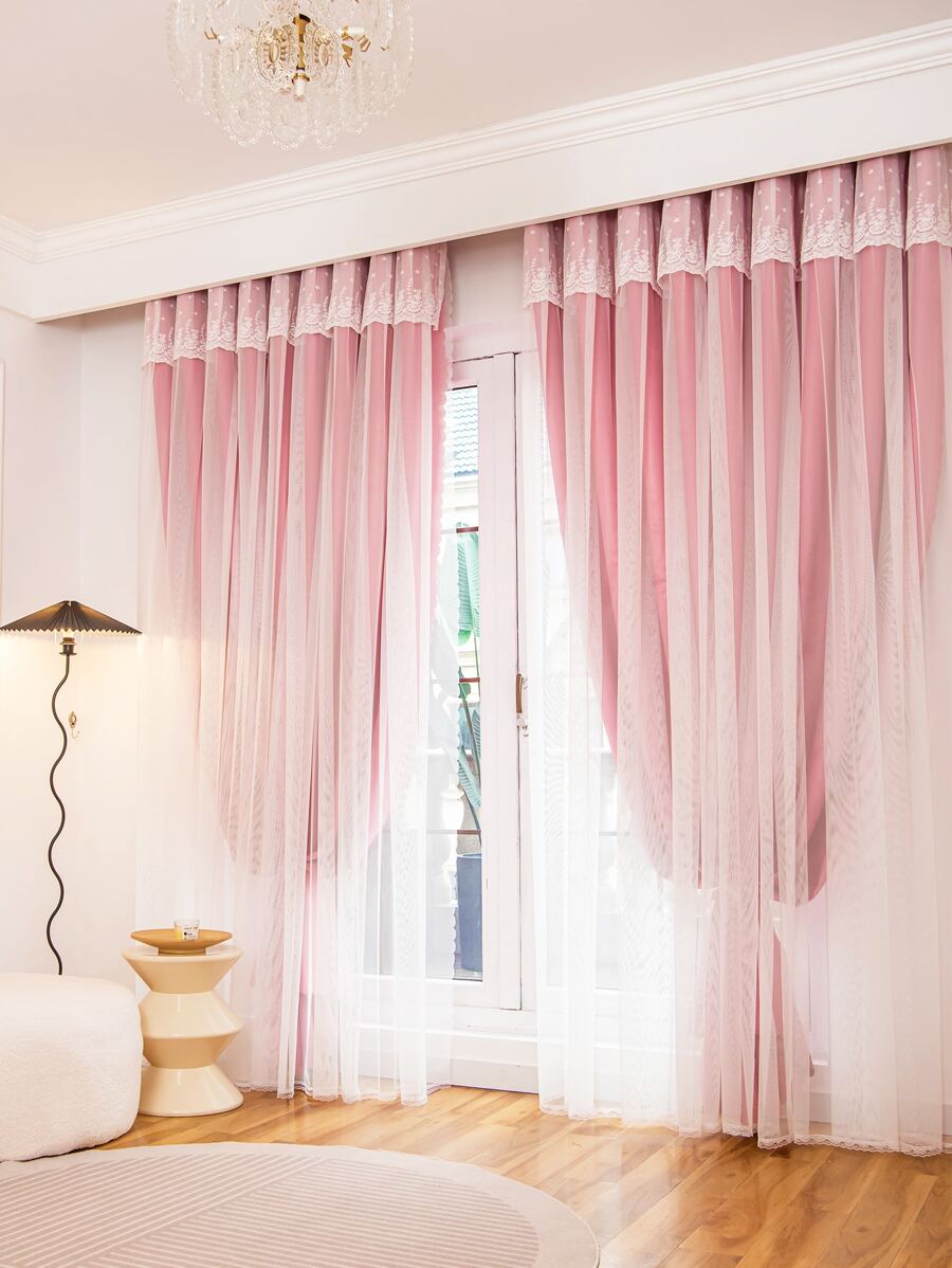 Lace Decor Double Layer Single Panel Blackout Curtain - Pink - View 1