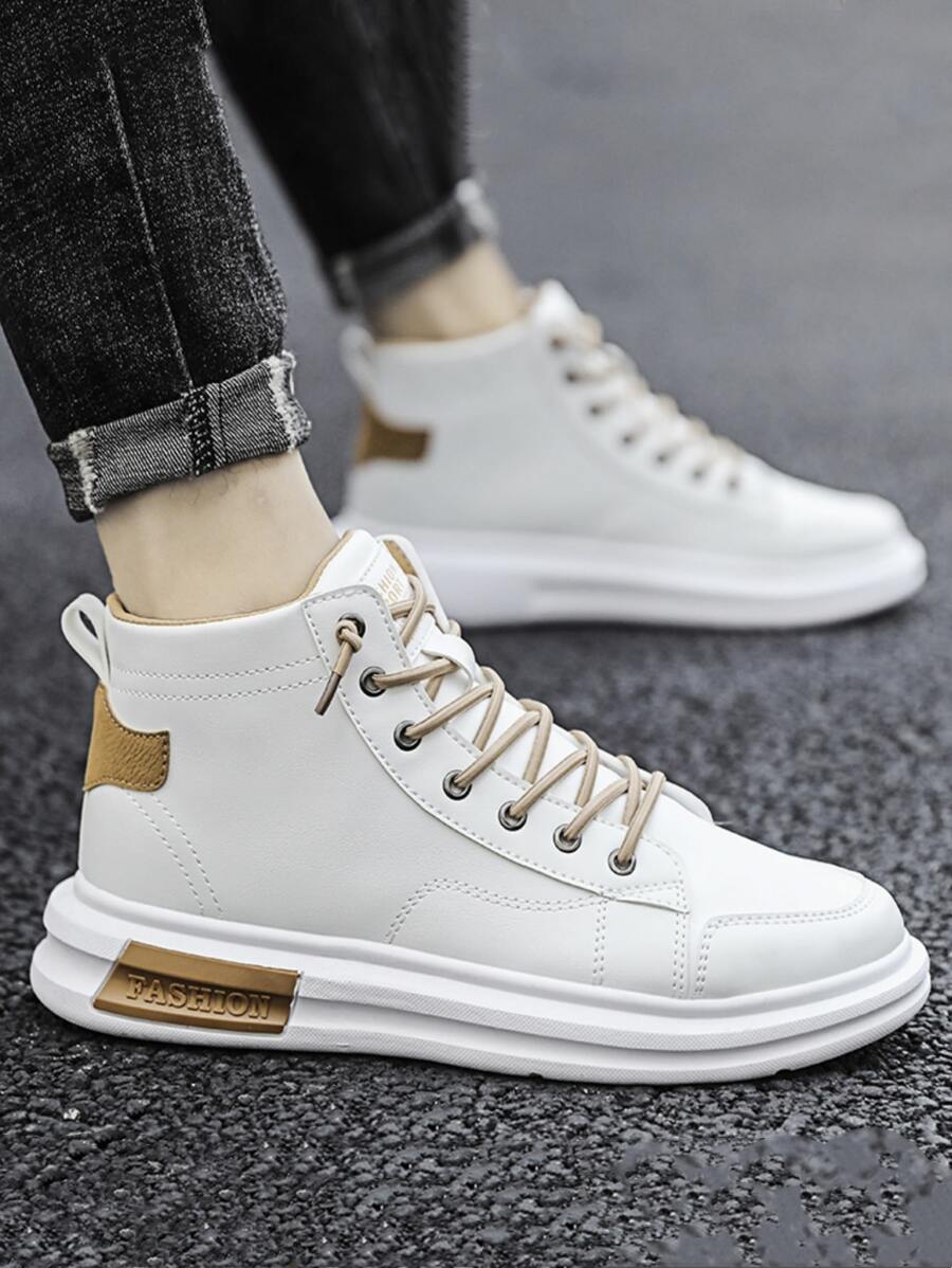 Men Two Tone High Top Lace-up Front Skate Shoes - White - View 1
