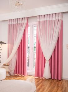 Lace Decor Double Layer Single Panel Blackout Curtain - Pink - View 2