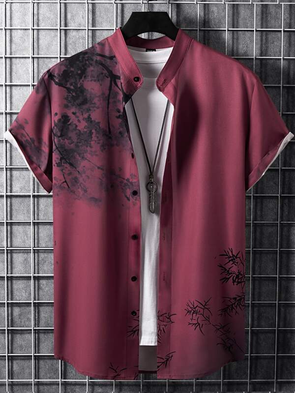 Manfinity Homme Kemeja Pria Tombol Depan Plants Casual