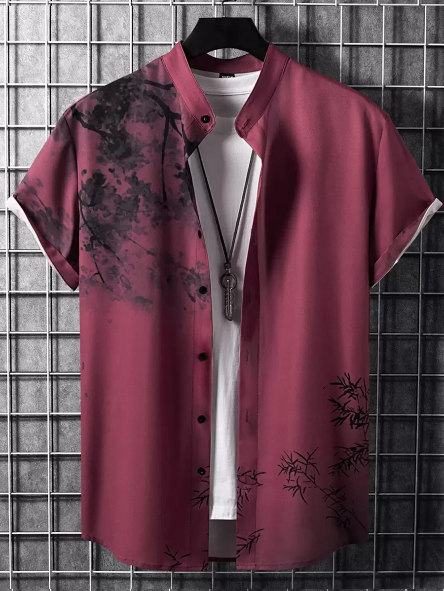 Manfinity Homme Áo sơ mi Nam Nút phía trước Thực vật Giải trí - Màu Đỏ Sâu - Xem 1