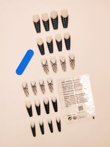 Upgrade Your Look with 24pcs Long Coffin Black Glitter Cobweb Fake Nail & 1sheet Tape & 1pc Nail File - Multicolor - View 2