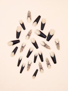 Upgrade Your Look with 24pcs Long Coffin Black Glitter Cobweb Fake Nail & 1sheet Tape & 1pc Nail File - Multicolor - View 5