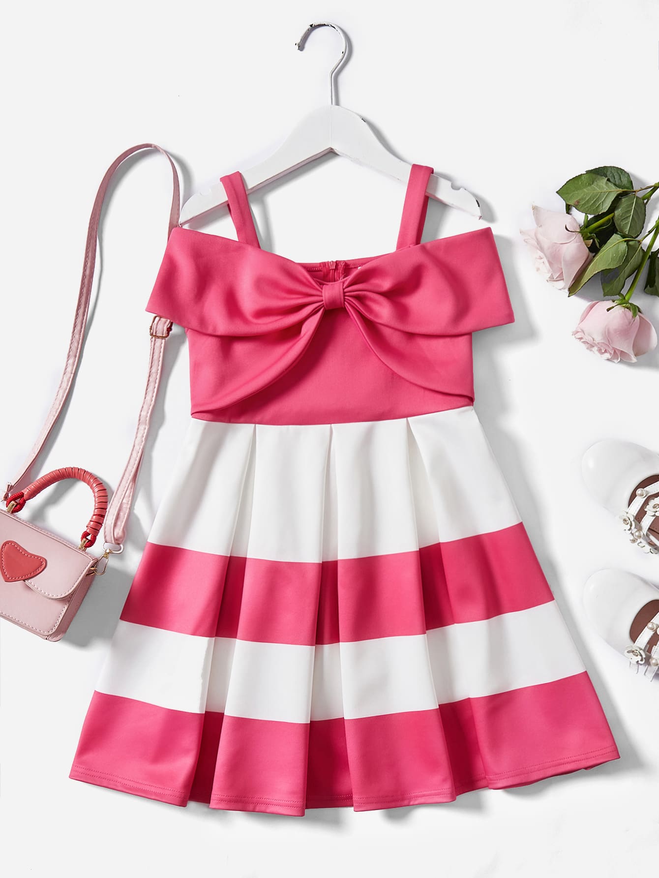 SHEIN Girls Striped Print Bow Front Cold Shoulder Dress - Multicolor - View 1