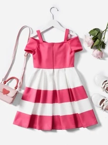 SHEIN Girls Striped Print Bow Front Cold Shoulder Dress - Multicolor - View 2