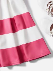 SHEIN Girls Striped Print Bow Front Cold Shoulder Dress - Multicolor - View 4