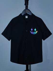 SHEIN Boys Reflective Flare Expression Print Shirt - Black - View 1
