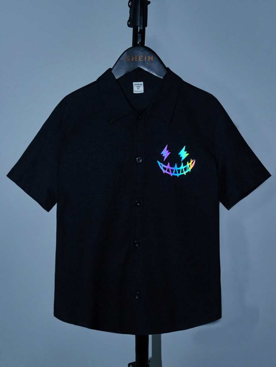 SHEIN Boys Reflective Flare Expression Print Shirt - Black - View 1