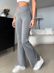 SHEIN EZwear Chồng chéo Eo V Pháo sáng Y2K Chân Quần - Màu Xám nhạt - Xem 1