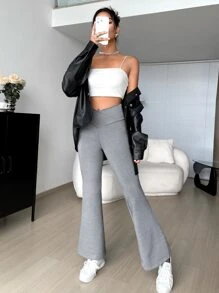 SHEIN EZwear Chồng chéo Eo V Pháo sáng Y2K Chân Quần - Màu Xám nhạt - Xem 3