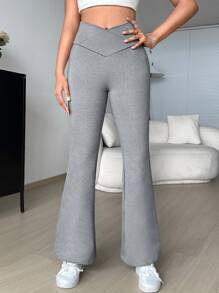 SHEIN EZwear Chồng chéo Eo V Pháo sáng Y2K Chân Quần - Màu Xám nhạt - Xem 4