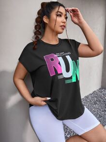 SHEIN Rhythm Era Camiseta deportiva de compresión con gráfico de letras para mujer de talla grande - Negro - Ver 1