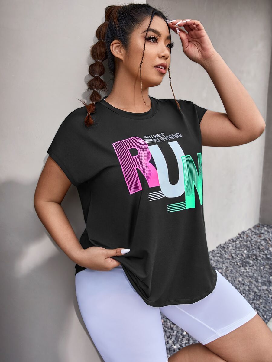 SHEIN Rhythm Era Camiseta deportiva de compresión con gráfico de letras para mujer de talla grande - Negro - Ver 1