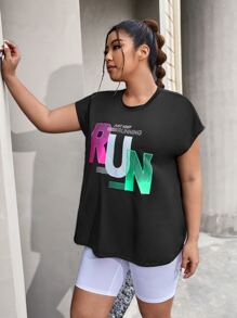 SHEIN Rhythm Era Camiseta deportiva de compresión con gráfico de letras para mujer de talla grande - Negro - Ver 5