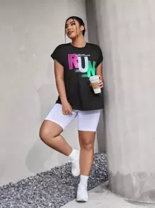 SHEIN Rhythm Era Camiseta deportiva de compresión con gráfico de letras para mujer de talla grande - Negro - Ver 7