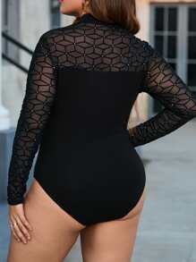 SHEIN SXY Plus Geo Mesh Insert Mock Neck Bodysuit - Black - View 2