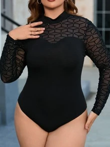 SHEIN SXY Plus Geo Mesh Insert Mock Neck Bodysuit - Black - View 3