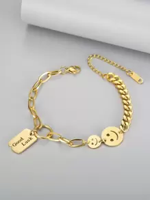 MONALLY 1pc Good Luck Smiling Face Stainless Steel Bracelet For Women, Birthday/party Accessories - Yellow Gold - View 1