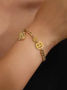 MONALLY 1pc Good Luck Smiling Face Stainless Steel Bracelet For Women, Birthday/party Accessories - Yellow Gold - View 2