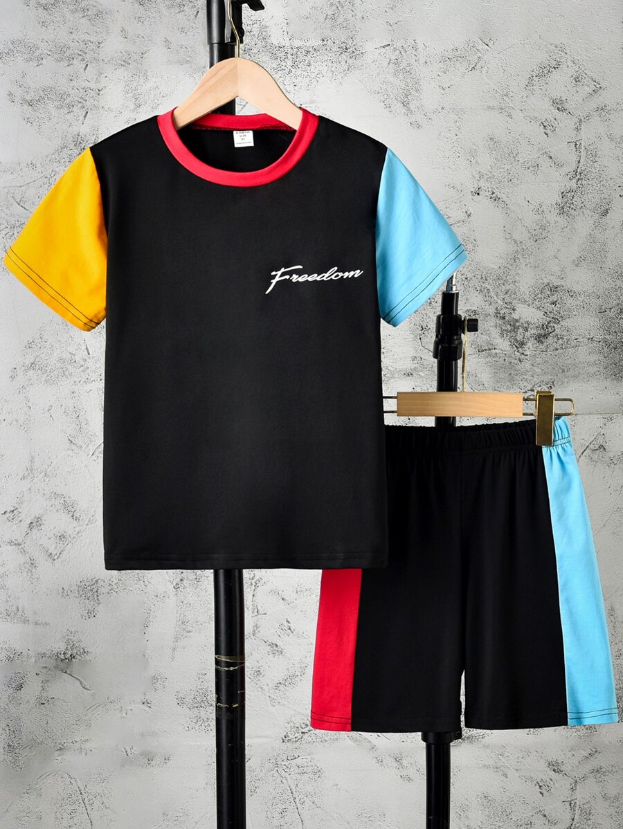 SHEIN Boys Letter Graphic Colourblock Tee & Shorts - Black - View 1