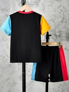SHEIN Boys Letter Graphic Colourblock Tee & Shorts - Black - View 2