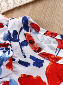 Vestido De Niña Con Ribete De Volantes Y Estampado Floral Completo Y Diadema A Juego - Multicolor - Ver 3