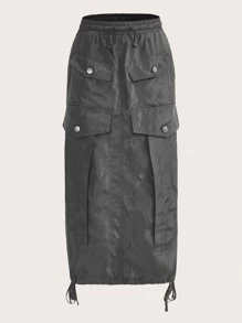 SHEIN ICON Flap Pocket Drawstring Waist Cargo Skirt - Dark Grey - View 1