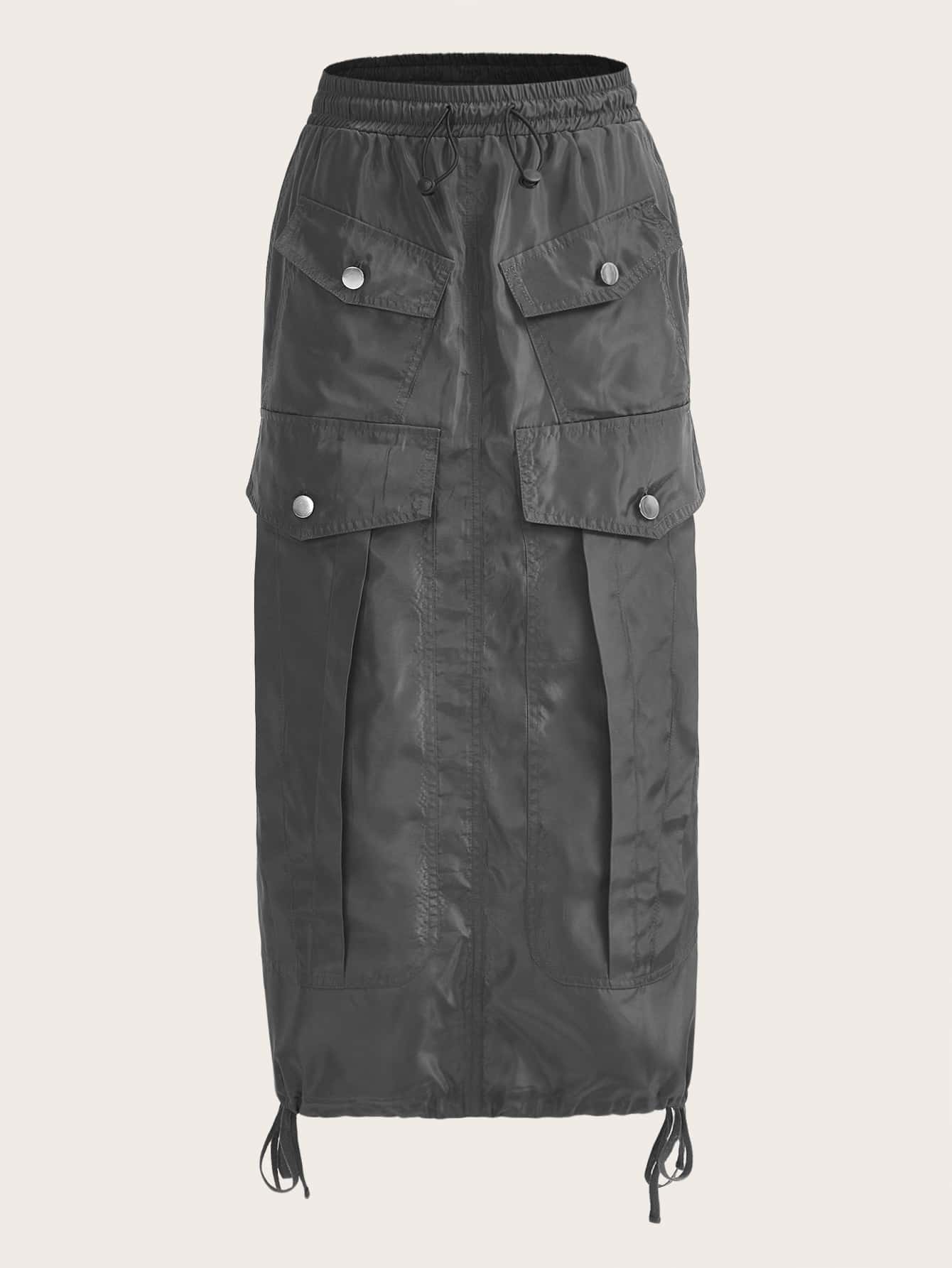 SHEIN ICON Flap Pocket Drawstring Waist Cargo Skirt - Dark Grey - View 1