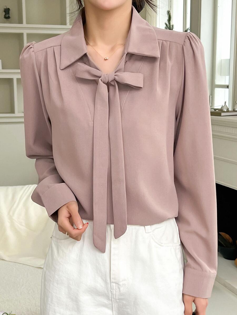 DAZY Solid Tie Neck Puff Sleeve Blouse - Dusty Pink - View 1