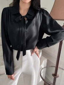 DAZY Solid Tie Neck Puff Sleeve Blouse - Black - View 8