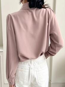 DAZY Solid Tie Neck Puff Sleeve Blouse - Dusty Pink - View 2