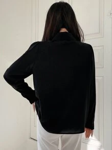 DAZY Solid Tie Neck Puff Sleeve Blouse - Black - View 2