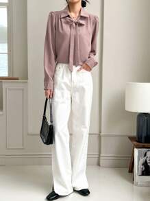 DAZY Solid Tie Neck Puff Sleeve Blouse - Dusty Pink - View 3