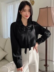DAZY Solid Tie Neck Puff Sleeve Blouse - Black - View 3
