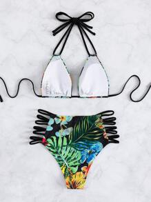 Conjunto de bikini tropical aleatorio de 2 piezas con parte superior tipo halter de triángulo y Bottom de bikini de talle alto con corte cruzado, para verano y playa