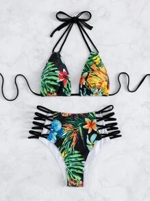 Conjunto de bikini tropical aleatorio de 2 piezas con parte superior tipo halter de triángulo y Bottom de bikini de talle alto con corte cruzado, para verano y playa