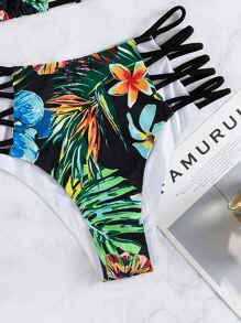 Conjunto de bikini tropical aleatorio de 2 piezas con parte superior tipo halter de triángulo y Bottom de bikini de talle alto con corte cruzado, para verano y playa