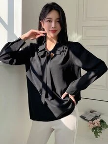 DAZY Solid Tie Neck Puff Sleeve Blouse - Black - View 4