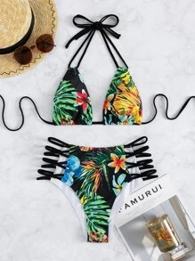 Conjunto de bikini tropical aleatorio de 2 piezas con parte superior tipo halter de triángulo y Bottom de bikini de talle alto con corte cruzado, para verano y playa