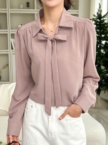 DAZY Solid Tie Neck Puff Sleeve Blouse - Dusty Pink - View 6