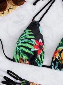 Conjunto de bikini tropical aleatorio de 2 piezas con parte superior tipo halter de triángulo y Bottom de bikini de talle alto con corte cruzado, para verano y playa
