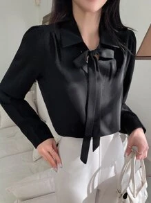 DAZY Solid Tie Neck Puff Sleeve Blouse - Black - View 5